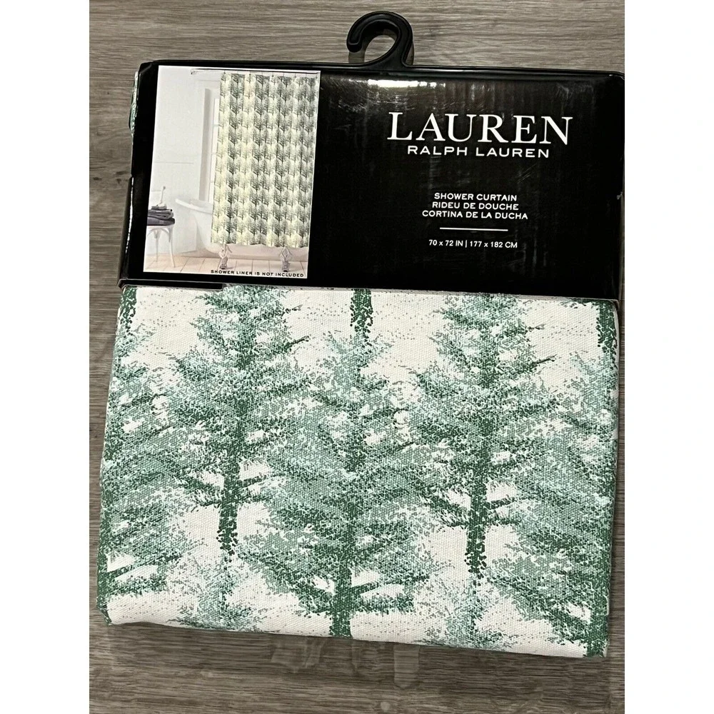 Ralph Lauren Cotton Fabric Shower Curtain Evergreen Trees Green Farmhouse 70x72